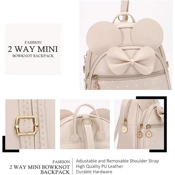 Bowknot Polka Dot Mini Backpack And Convertible Shoulder Bag Purse for Women - Picture 3 of 7